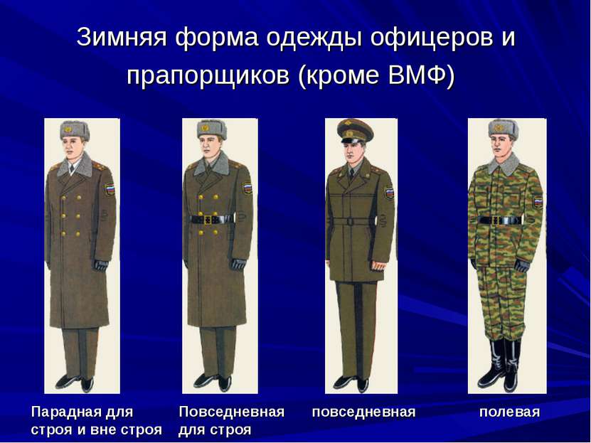 Зимняя форма одежды офицеров и прапорщиков (кроме ВМФ) Парадная для строя и в...