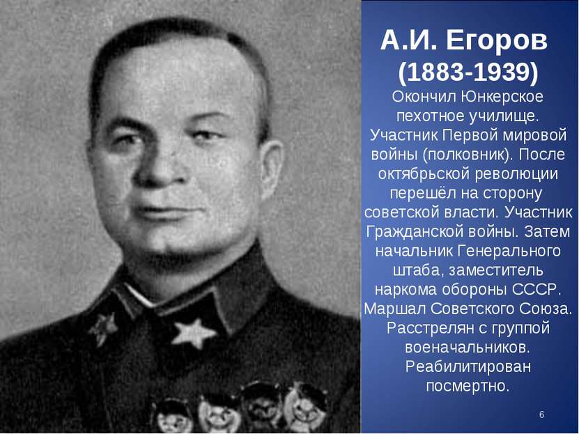 А.И. Егоров (1883-1939) Окончил Юнкерское пехотное училище. Участник Первой м...