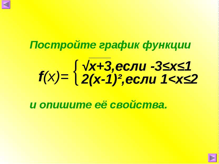 f(x)= Постройте график функции и опишите её свойства. √x+3,если -3≤х≤1 2(х-1)...