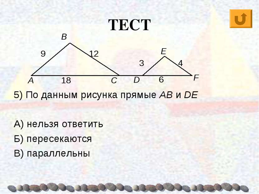 ТЕСТ 5) По данным рисунка прямые AB и DE А) нельзя ответить Б) пересекаются В...