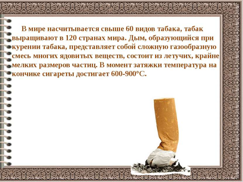 В мире насчитывается свыше 60 видов табака, табак выращивают в 120 странах ми...