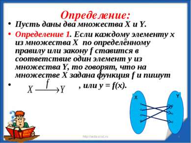 Определение: * http://aida.ucoz.ru * Пусть даны два множества Х и Y. Определе...