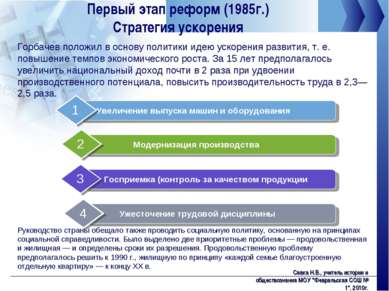 Первый этап реформ (1985г.) Стратегия ускорения Горбачев положил в основу пол...