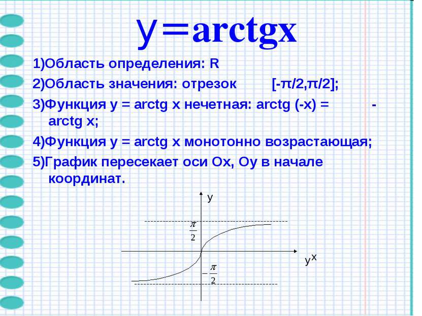 y=arctgх 1)Область определения: R 2)Область значения: отрезок [-π/2,π/2]; 3)Ф...