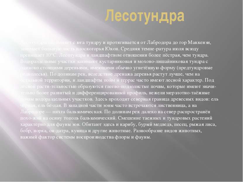 Лесотундра Лесотундра окаймляет с юга тундру и протягивается от Лабродора до ...