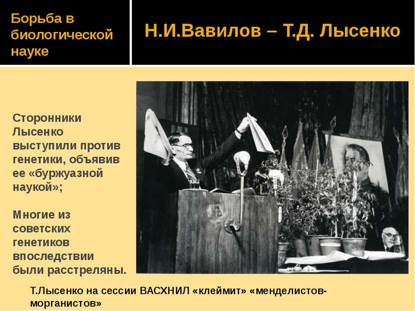 Борьба в биологической науке Сторонники Лысенко выступили против генетики, об...