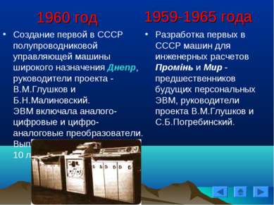 1960 год Создание первой в СССР полупроводниковой управляющей машины широкого...