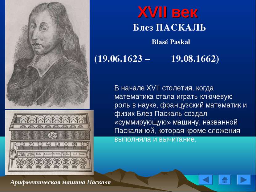 XVII век Блез ПАСКАЛЬ Blasé Paskal (19.06.1623 – 19.08.1662) Арифметическая м...