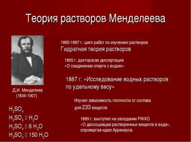 Теория растворов Менделеева Д.И. Менделеев (1834-1907) 1865-1887 г. цикл рабо...
