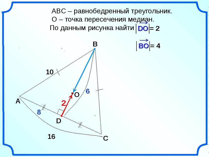 АВС – равнобедренный треугольник. О – точка пересечения медиан. По данным рис...