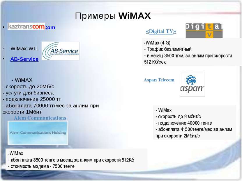 Примеры WiMAX  АО KazTransCom WiMax WLL AB-Service - WiMAX - скорость до 20Мб...