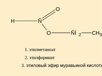 2. этилформиат 1. этилметаноат 3. этиловый эфир муравьиной кислоты
