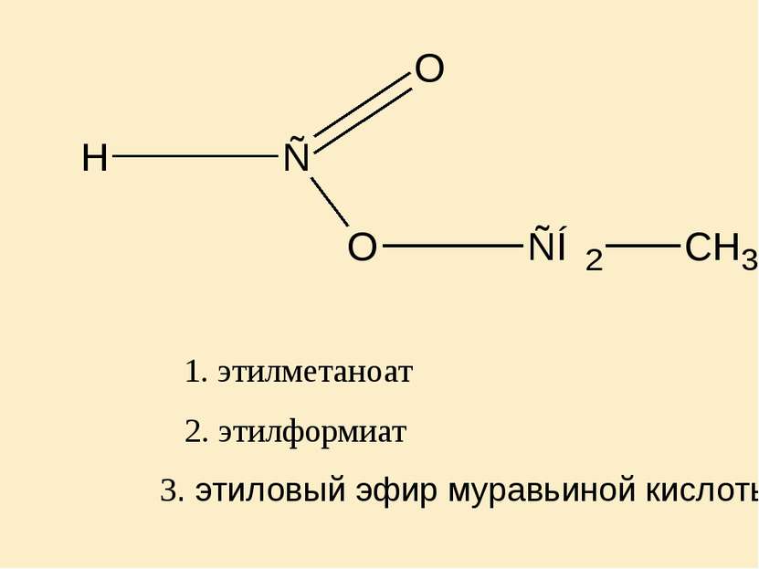 2. этилформиат 1. этилметаноат 3. этиловый эфир муравьиной кислоты