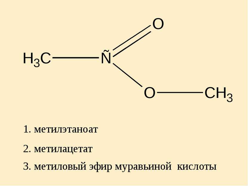 2. метилацетат 1. метилэтаноат 3. метиловый эфир муравьиной кислоты