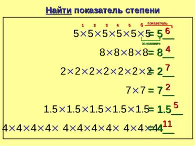 Найти показатель степени 5×5×5×5×5×5 = 5__ 6 1 2 3 4 5 6 8×8×8×8 = 8__ 4 2×2×...