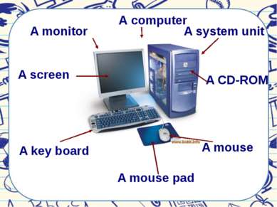 А computer A monitor A system unit A screen A CD-ROM A key board A mouse A mo...