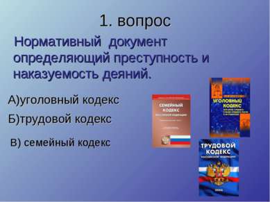 1. вопрос Нормативный документ определяющий преступность и наказуемость деяни...