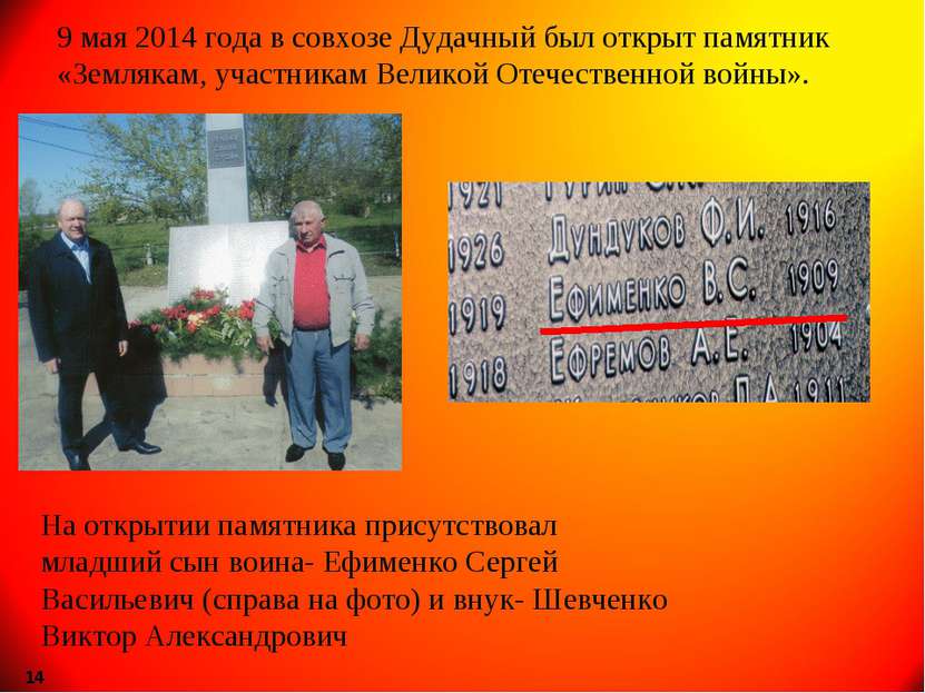 9 мая 2014 года в совхозе Дудачный был открыт памятник «Землякам, участникам ...