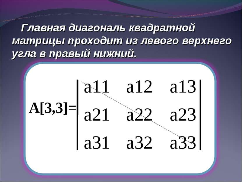 Главная диагональ квадратной матрицы проходит из левого верхнего угла в правы...