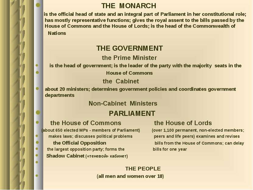 THE MONARCH is the official head of state and an integral part of Parliament ...