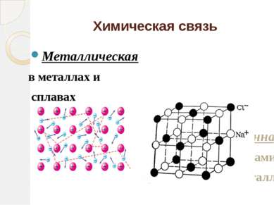 Химическая связь Металлическая в металлах и сплавах Ионная между ионами метал...