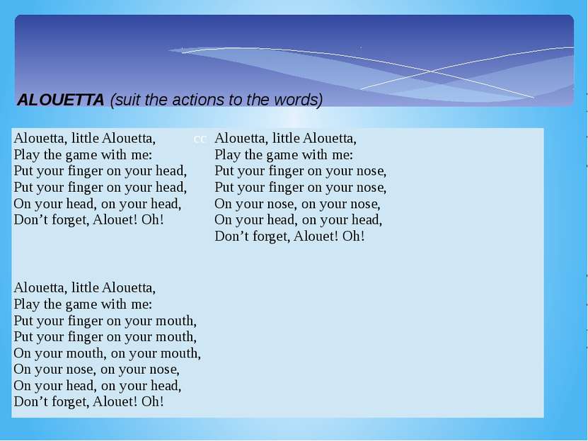 ALOUETTA (suit the actions to the words) Alouetta, littleAlouetta, Play the g...