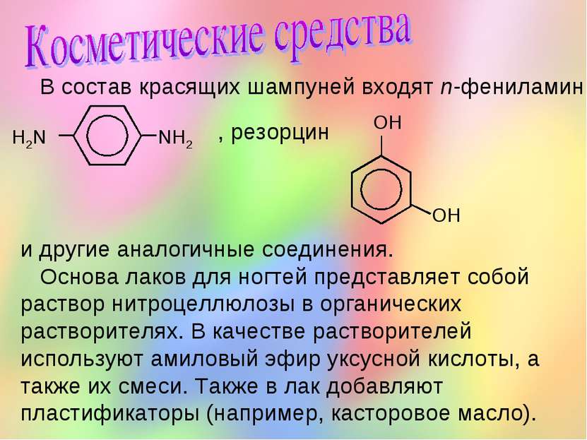 В состав красящих шампуней входят n-фениламин , резорцин и другие аналогичные...