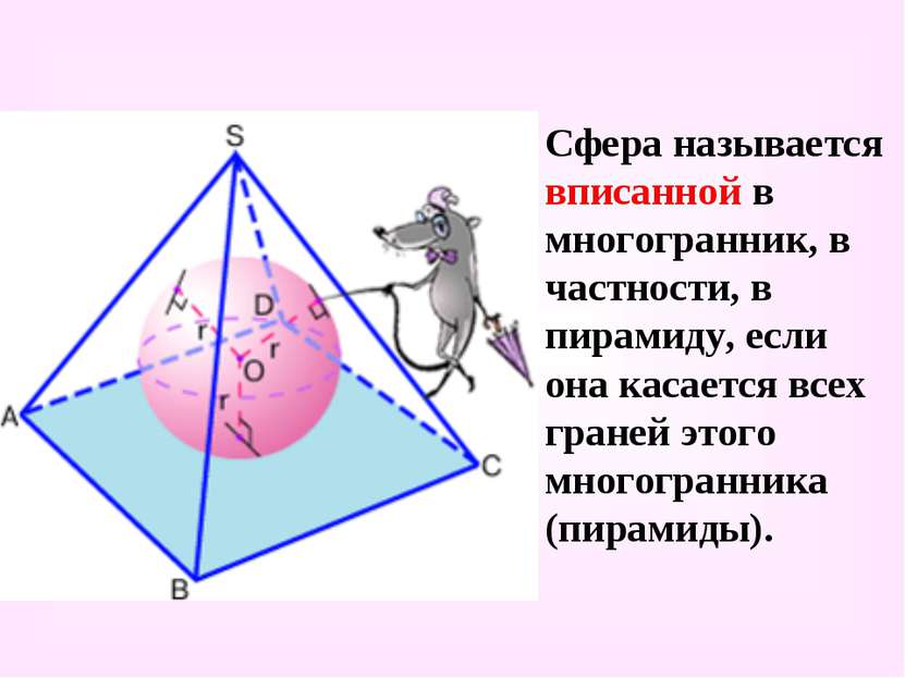 Сфера называется вписанной в многогранник, в частности, в пирамиду, если она ...