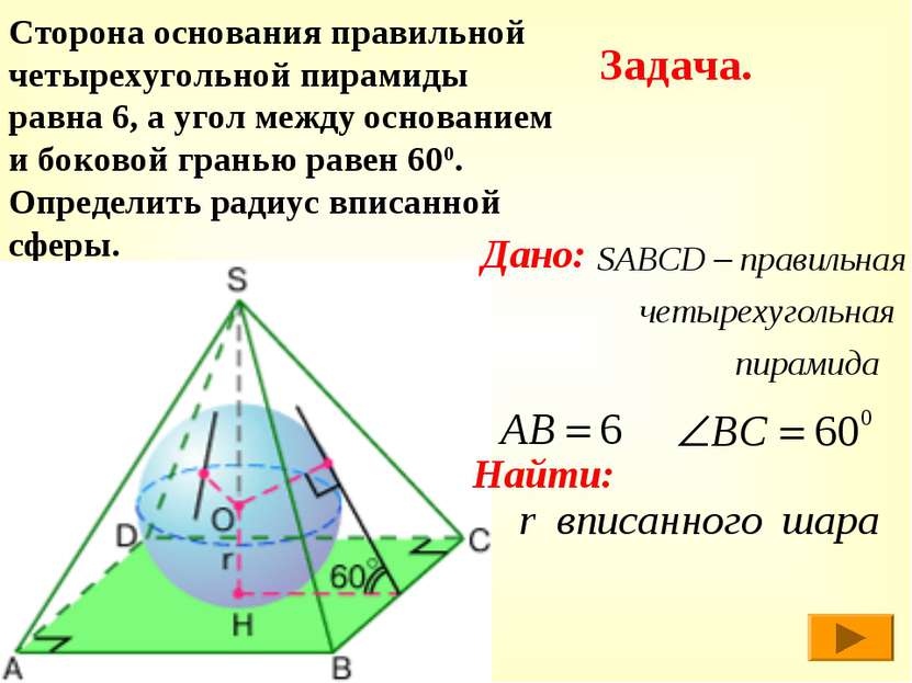 Сторона основания правильной четырехугольной пирамиды равна 6, а угол между о...