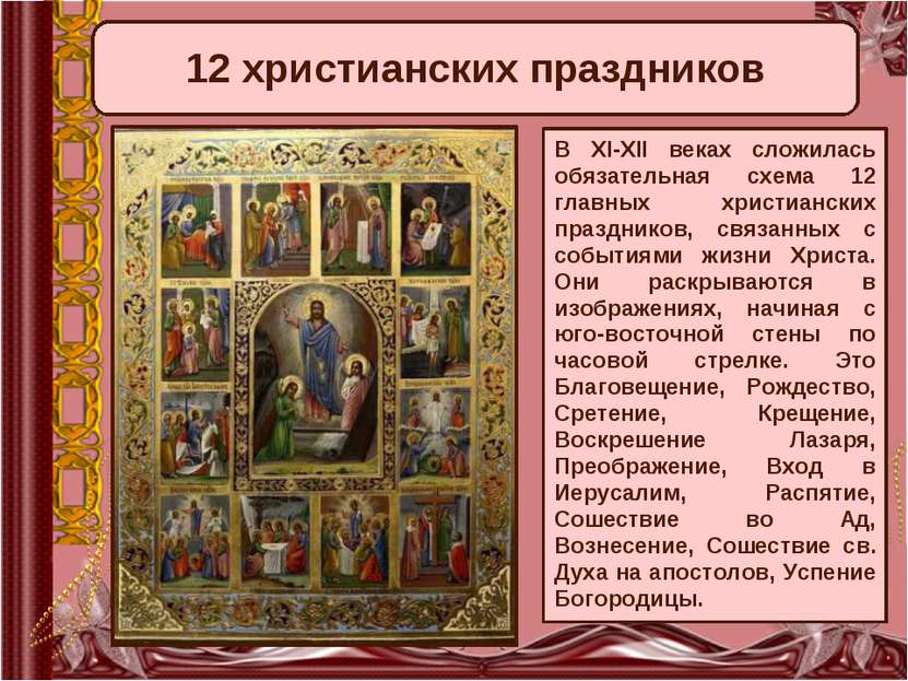 12 христианских праздников В XI-XII веках сложилась обязательная схема 12 гла...
