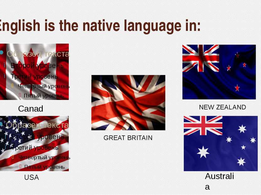 English is the native language in: NEW ZEALAND GREAT BRITAIN Australia Canada...