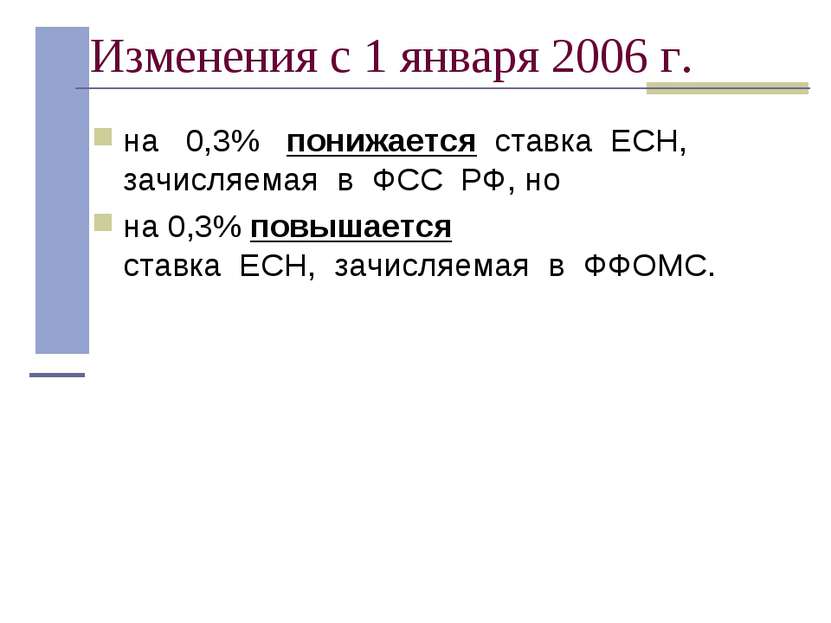 Изменения с 1 января 2006 г. на   0,3%   понижается  ставка  ЕСН, зачисляемая...
