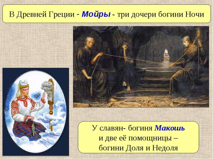 У славян- богиня Макошь и две её помощницы – богини Доля и Недоля В Древней Г...