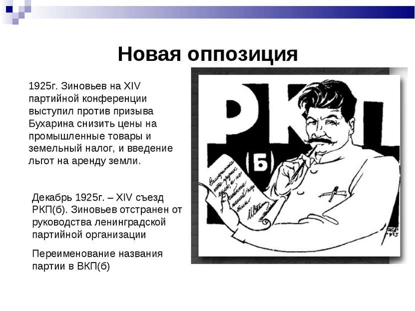 Новая оппозиция 1925г. Зиновьев на XIV партийной конференции выступил против ...