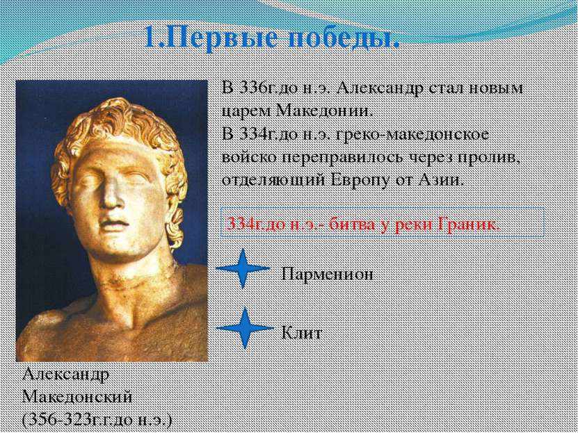 1.Первые победы. В 336г.до н.э. Александр стал новым царем Македонии. В 334г....