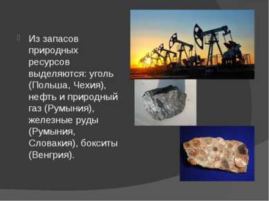 Из запасов природных ресурсов выделяются: уголь (Польша, Чехия), нефть и прир...