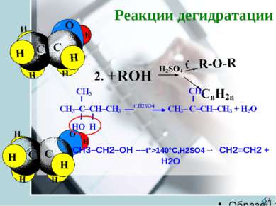 Реакции дегидратации CH3–CH2–OH ––t°>140°C,H2SO4→  CH2=CH2 + H2O