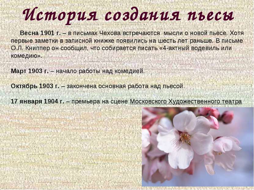 История создания пьесы Весна 1901 г. – в письмах Чехова встречаются мысли о н...