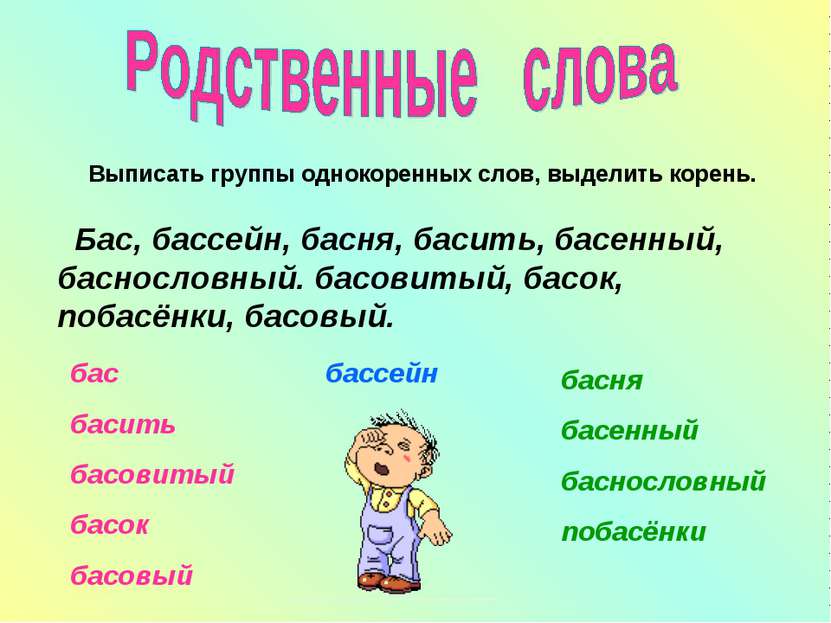 Выписать группы однокоренных слов, выделить корень. Бас, бассейн, басня, баси...