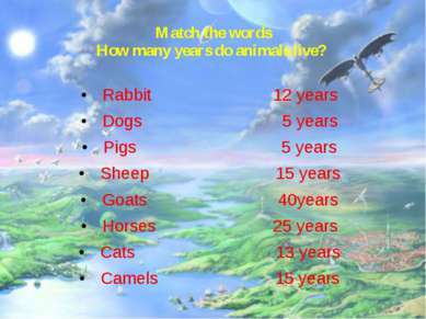 Match the words How many years do animals live? Rabbit 12 years Dogs 5 years ...