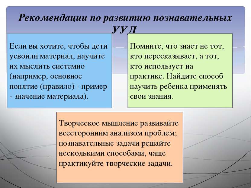 Рекомендации по развитию познавательных УУД Если вы хотите, чтобы дети усвоил...