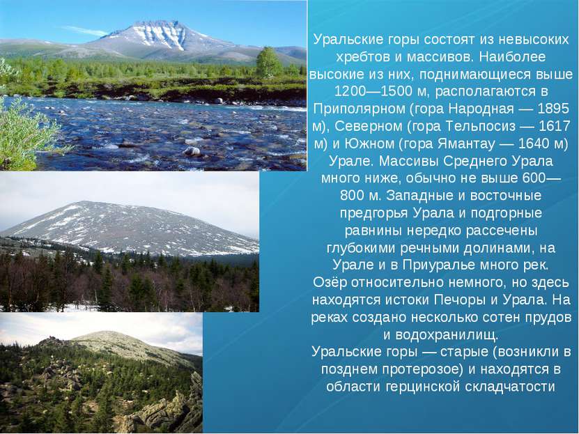 Уральские горы состоят из невысоких хребтов и массивов. Наиболее высокие из н...