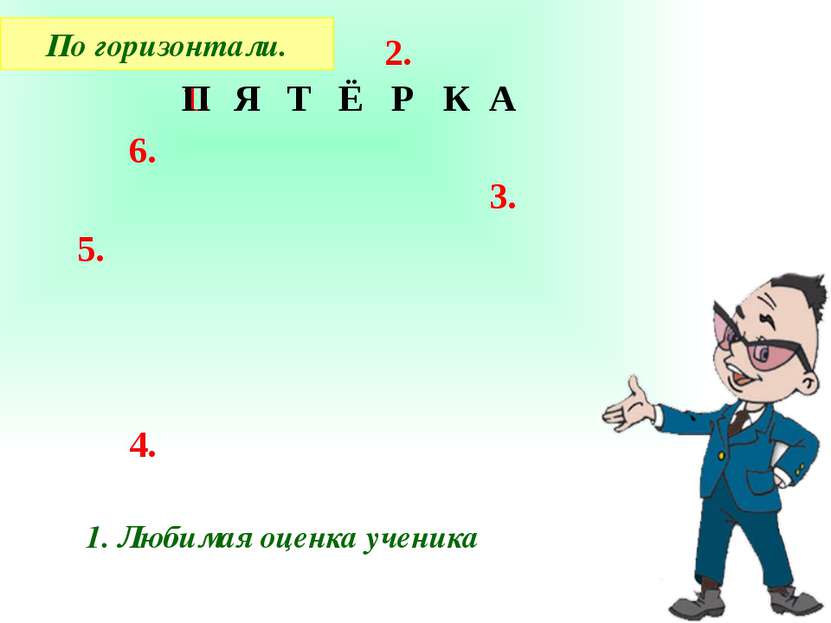 1. 2. 6. 5. 4. 3. По горизонтали. 1. Любимая оценка ученика П Я Т Ё Р К А