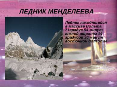 ЛЕДНИК МЕНДЕЛЕЕВА Ледник находящийся в массиве Вольта 71градус 54 минут южной...