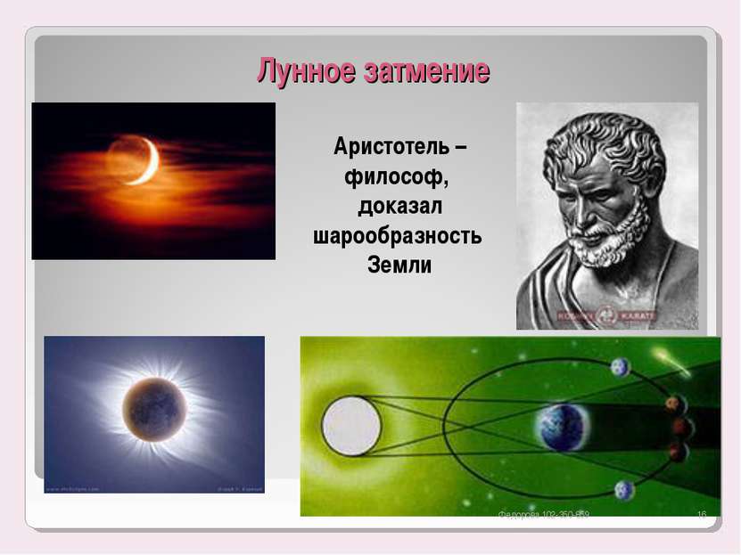 Лунное затмение Аристотель – философ, доказал шарообразность Земли * Федорова...