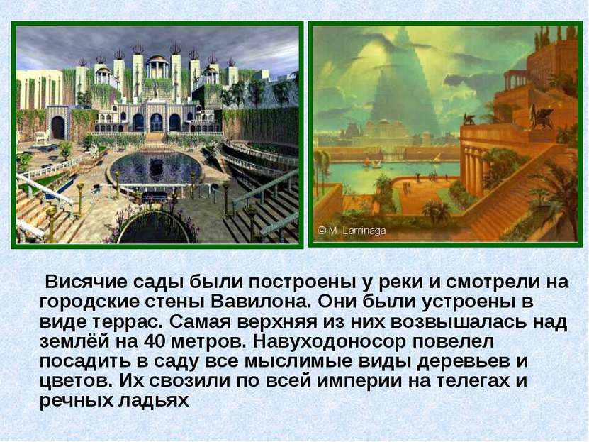 Висячие сады были построены у реки и смотрели на городские стены Вавилона. Он...