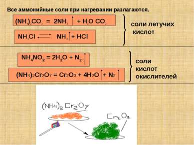Все аммонийные соли при нагревании разлагаются. (NH4)2CO3 = 2NH3 + H2O CO2 NH...