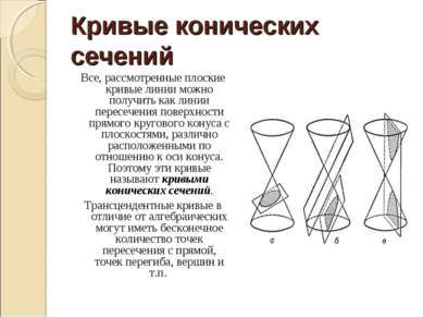 Кривые конических сечений Все, рассмотренные плоские кривые линии можно получ...