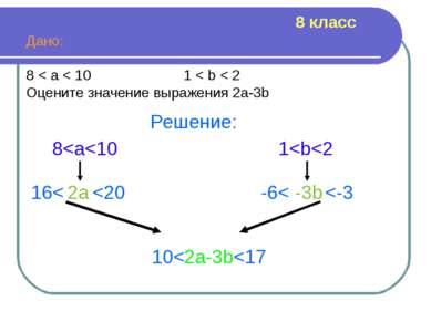 Дано: 8 < a < 10 1 < b < 2 Оцените значение выражения 2а-3b Решение: 2а 8