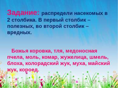 Задание: распредели насекомых в 2 столбика. В первый столбик – полезных, во в...